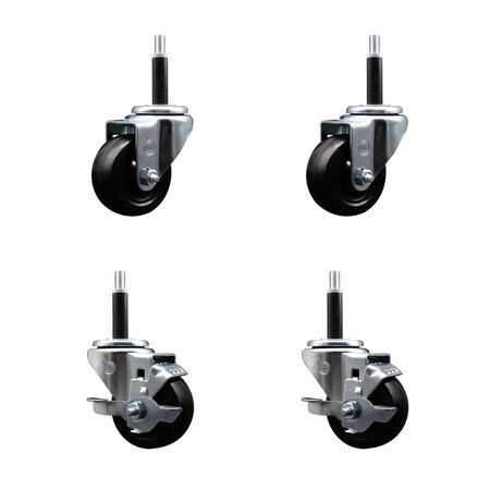 Service Caster 3'' SS Hard Rubber Wheel Swivel 3/4'' Expand Stem Caster Set 2 Brakes, 4PK SCC-SSEX20S314-HRS-2-TLB-2-34